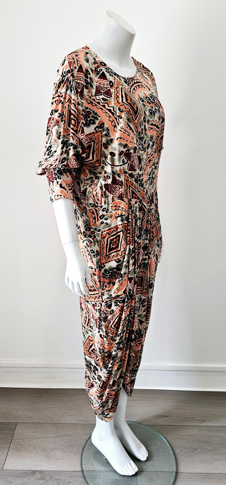 Vintage 80s Abstract Plunging Back V Harem Romper Jumpsuit