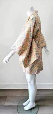 Boho Ethnic 70s Kimono Pastel Medallion Silver Lurex Brocade Duster Robe