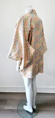 Boho Ethnic 70s Kimono Pastel Medallion Silver Lurex Brocade Duster Robe