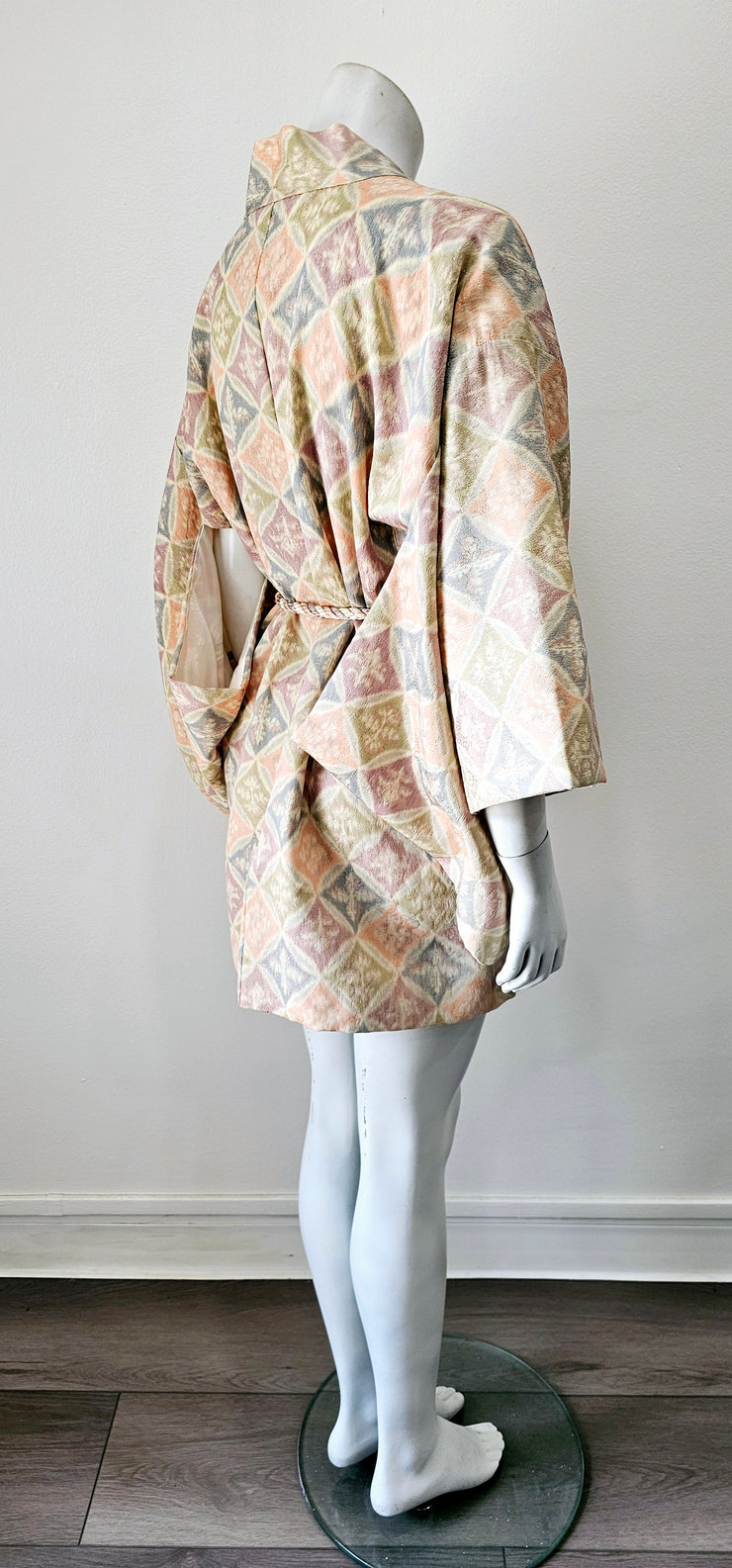 Boho Ethnic 70s Kimono Pastel Medallion Silver Lurex Brocade Duster Robe