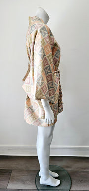 Boho Ethnic 70s Kimono Pastel Medallion Silver Lurex Brocade Duster Robe