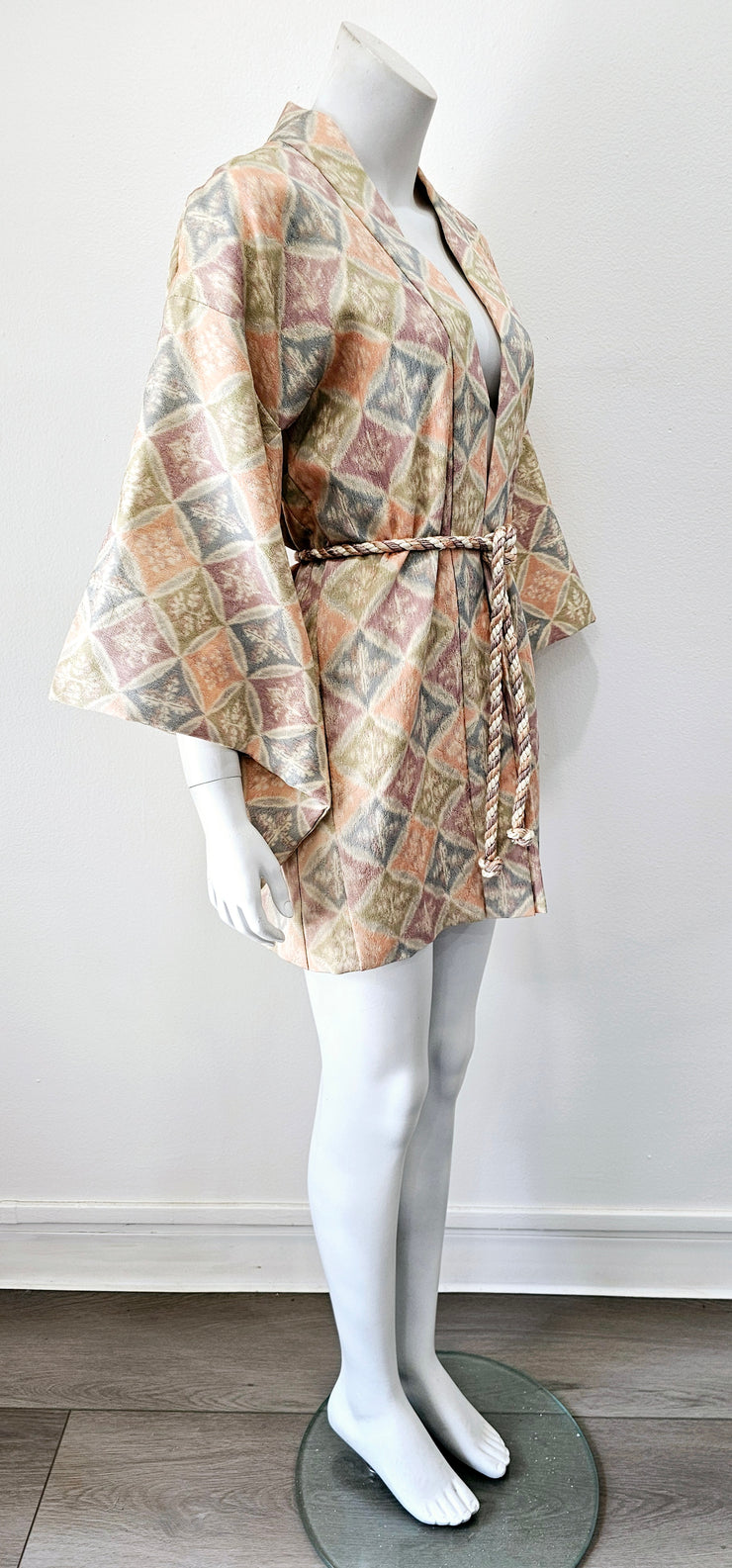 Boho Ethnic 70s Kimono Pastel Medallion Silver Lurex Brocade Duster Robe