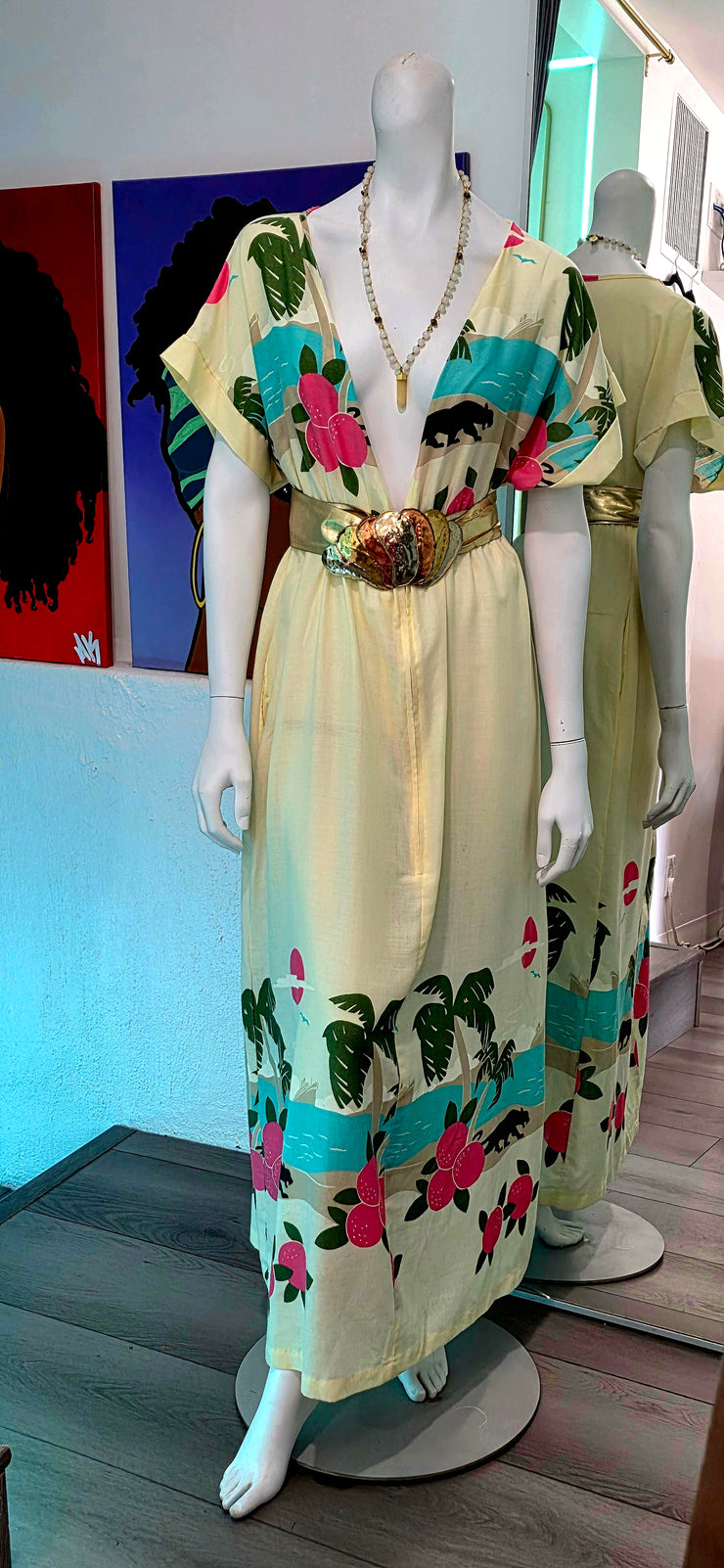 Vintage 70s Panther Tropical Island Boho Hippy Duster Tunic Maxi