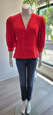Vintage 80’s Tomato Red Linen Pleated Tailored Puff Sleeve Jacket Top by Helene Straber
