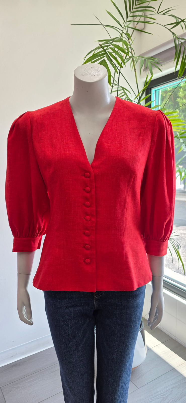 Vintage 80’s Tomato Red Linen Pleated Tailored Puff Sleeve Jacket Top by Helene Straber