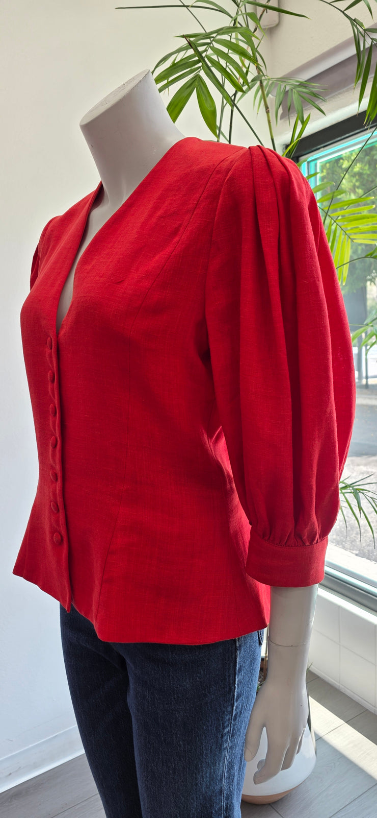 Vintage 80’s Tomato Red Linen Pleated Tailored Puff Sleeve Jacket Top by Helene Straber