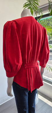 Vintage 80’s Tomato Red Linen Pleated Tailored Puff Sleeve Jacket Top by Helene Straber