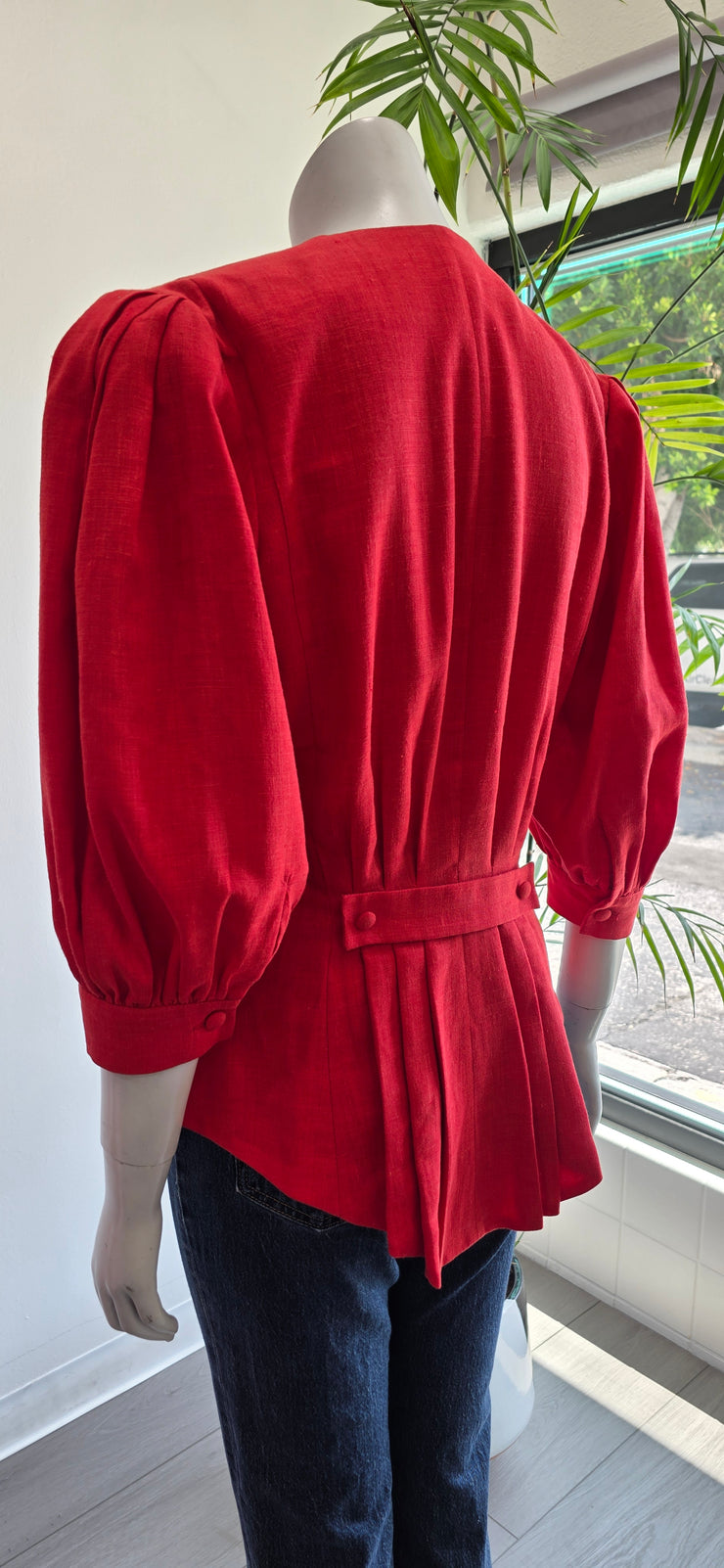 Vintage 80’s Tomato Red Linen Pleated Tailored Puff Sleeve Jacket Top by Helene Straber