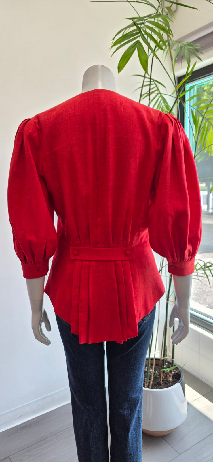 Vintage 80’s Tomato Red Linen Pleated Tailored Puff Sleeve Jacket Top by Helene Straber
