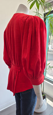Vintage 80’s Tomato Red Linen Pleated Tailored Puff Sleeve Jacket Top by Helene Straber