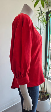 Vintage 80’s Tomato Red Linen Pleated Tailored Puff Sleeve Jacket Top by Helene Straber