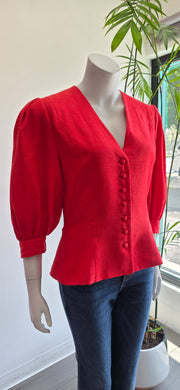 Vintage 80’s Tomato Red Linen Pleated Tailored Puff Sleeve Jacket Top by Helene Straber