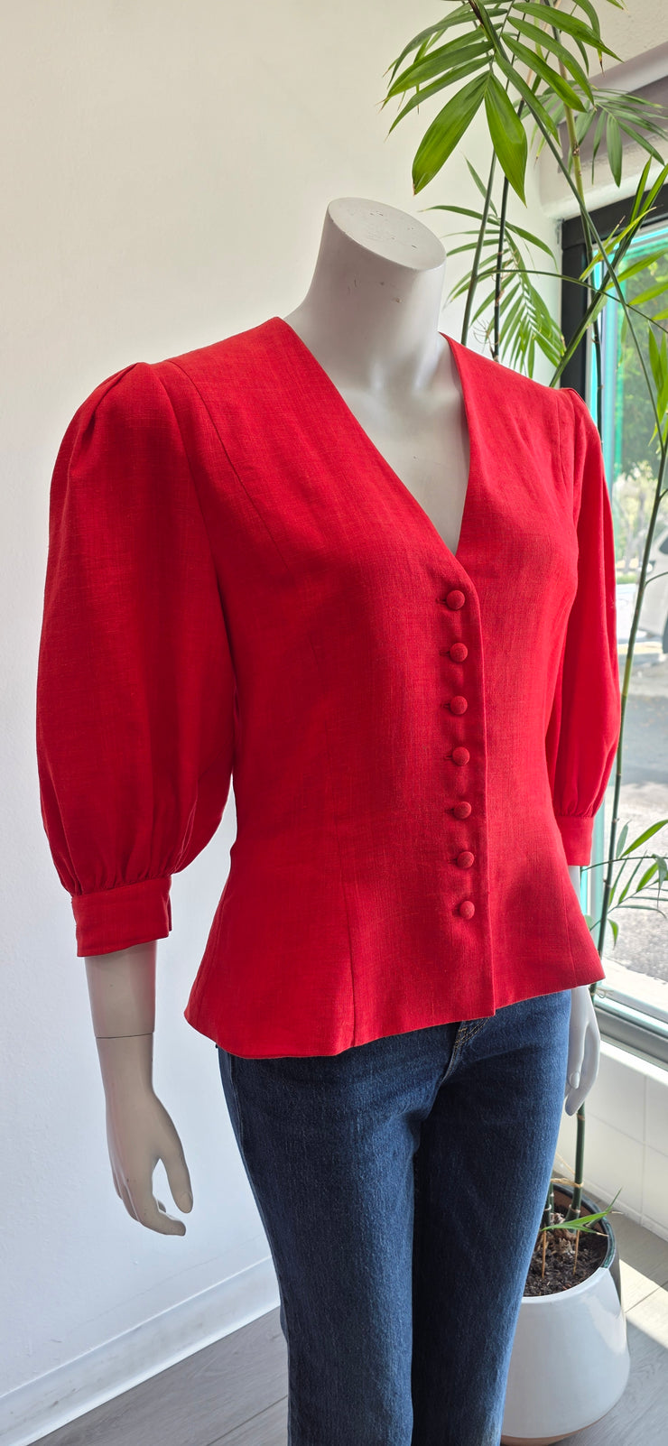 Vintage 80’s Tomato Red Linen Pleated Tailored Puff Sleeve Jacket Top by Helene Straber