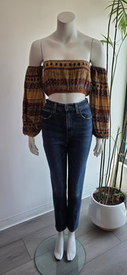Vintage 80's Taupe Bird Star Ethnic Stripe Boho Hippy Puff Sleeve Crop Top Blouse