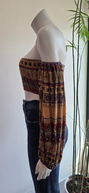 Vintage 80's Taupe Bird Star Ethnic Stripe Boho Hippy Puff Sleeve Crop Top Blouse