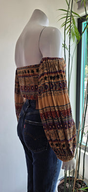 Vintage 80's Taupe Bird Star Ethnic Stripe Boho Hippy Puff Sleeve Crop Top Blouse