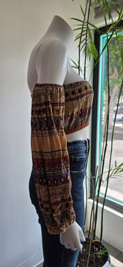 Vintage 80's Taupe Bird Star Ethnic Stripe Boho Hippy Puff Sleeve Crop Top Blouse