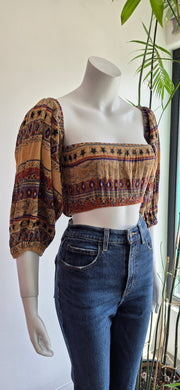 Vintage 80's Taupe Bird Star Ethnic Stripe Boho Hippy Puff Sleeve Crop Top Blouse