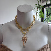 Vintage 70’s Upcycled Gold-tone Palm Tree Pendant Textured Cable Chain Double Strand Necklace 15"-18"