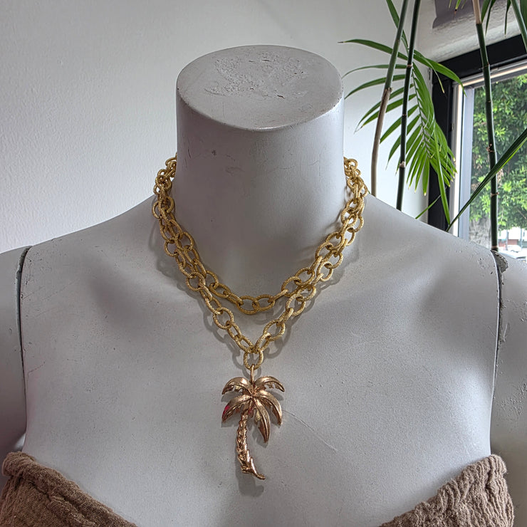 Vintage 70’s Upcycled Gold-tone Palm Tree Pendant Textured Cable Chain Double Strand Necklace 15"-18"