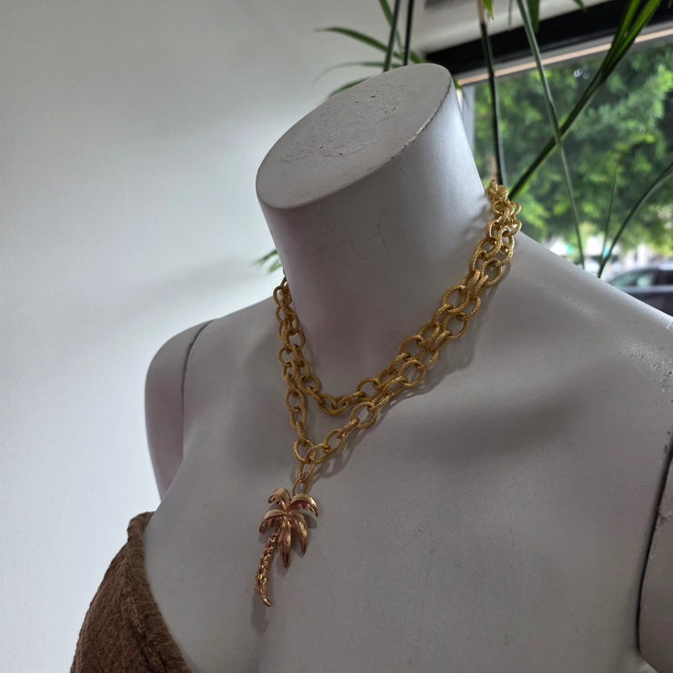 Vintage 70’s Upcycled Gold-tone Palm Tree Pendant Textured Cable Chain Double Strand Necklace 15"-18"