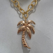 Vintage 70’s Upcycled Gold-tone Palm Tree Pendant Textured Cable Chain Double Strand Necklace 15"-18"
