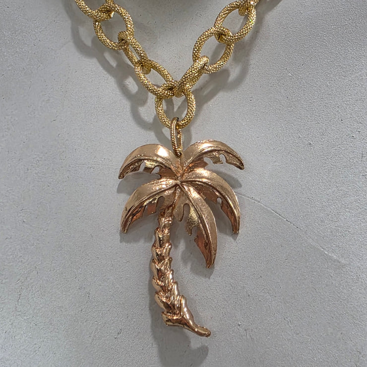 Vintage 70’s Upcycled Gold-tone Palm Tree Pendant Textured Cable Chain Double Strand Necklace 15"-18"