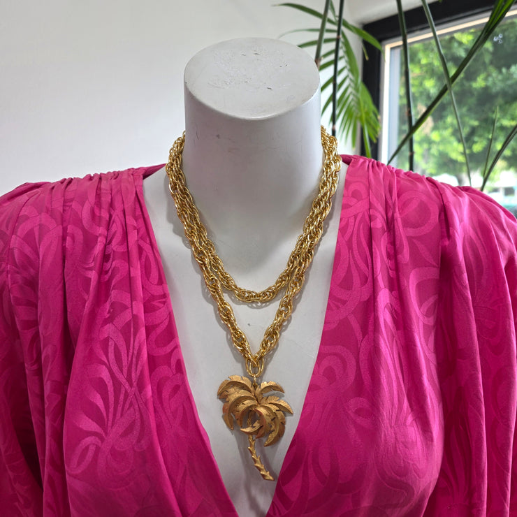 Vintage 70’s Upcycled Gold-tone Palm Tree Pendant Oversized Rope Double Strand Necklace 18"-22"