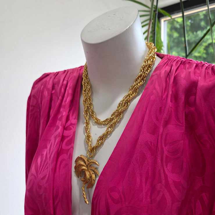 Vintage 70’s Upcycled Gold-tone Palm Tree Pendant Oversized Rope Double Strand Necklace 18"-22"