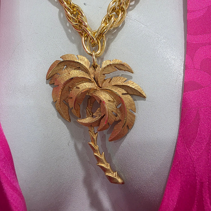 Vintage 70’s Upcycled Gold-tone Palm Tree Pendant Oversized Rope Double Strand Necklace 18"-22"