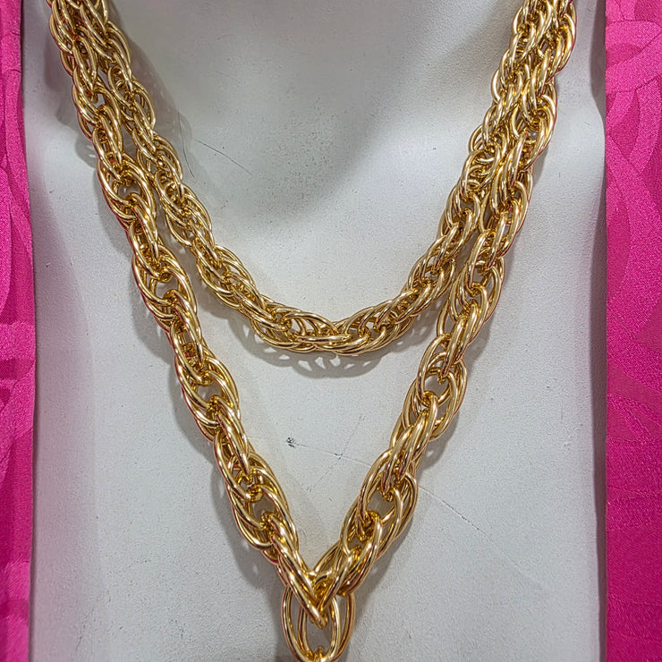 Vintage 70’s Upcycled Gold-tone Palm Tree Pendant Oversized Rope Double Strand Necklace 18"-22"
