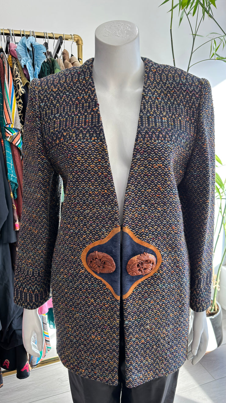 Vintage 90s Custom Designer Navy Tan Tweed Suede Carved Stone Blazer Jacket