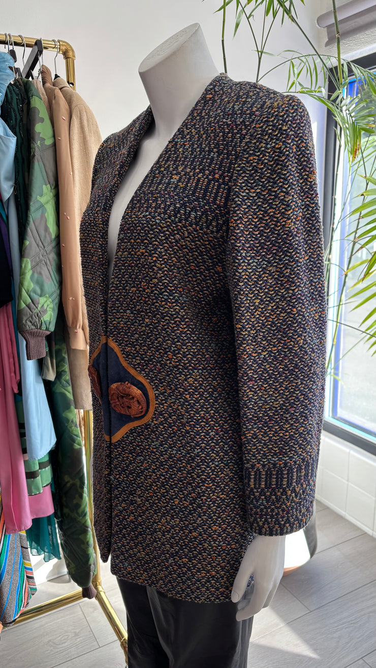 Vintage 90s Custom Designer Navy Tan Tweed Suede Carved Stone Blazer Jacket