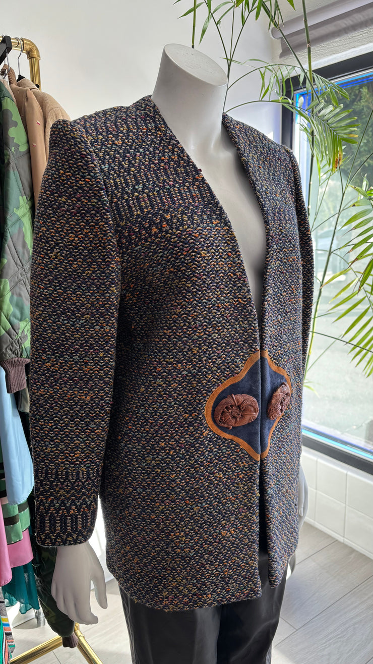 Vintage 90s Custom Designer Navy Tan Tweed Suede Carved Stone Blazer Jacket