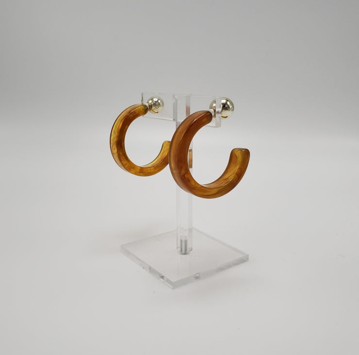 Small Marbleized Cognac Resin Hoop Gold Ball Back Earrings