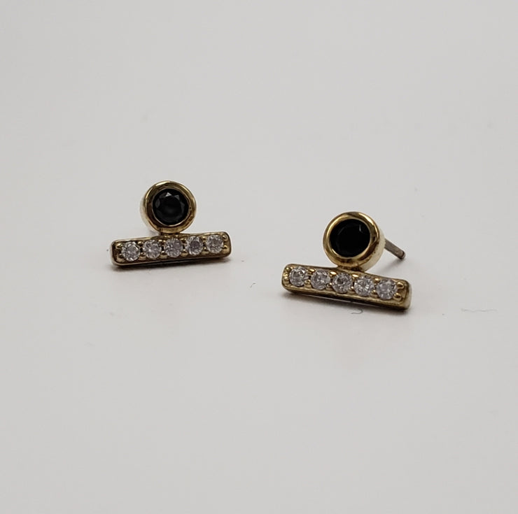 Black Round Stone Stud CZ Bar Earrings