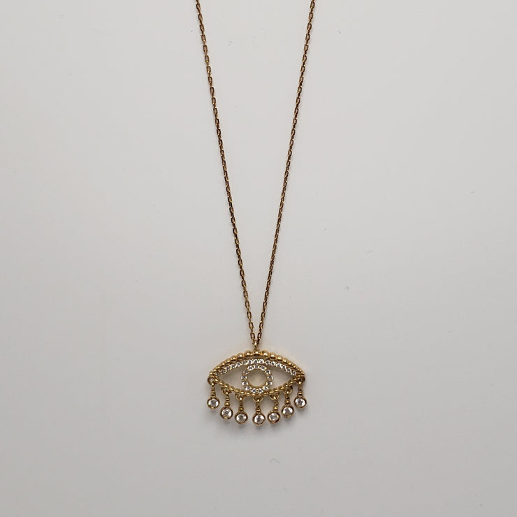 Gold Evil Eye Fringe CZ Pendant Necklace