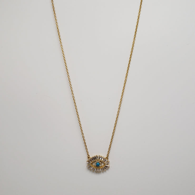 Gold Cubic Zirconia Turquoise Baquette Evil Eye Necklace