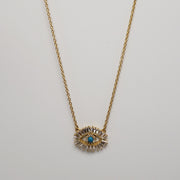 Gold Cubic Zirconia Turquoise Baquette Evil Eye Necklace