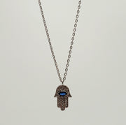 Mini Hamsa Cubic Zirconia Blue Stone Evil Eye Necklace - Gold or Silver