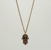 Mini Hamsa Cubic Zirconia Blue Stone Evil Eye Necklace - Gold or Silver
