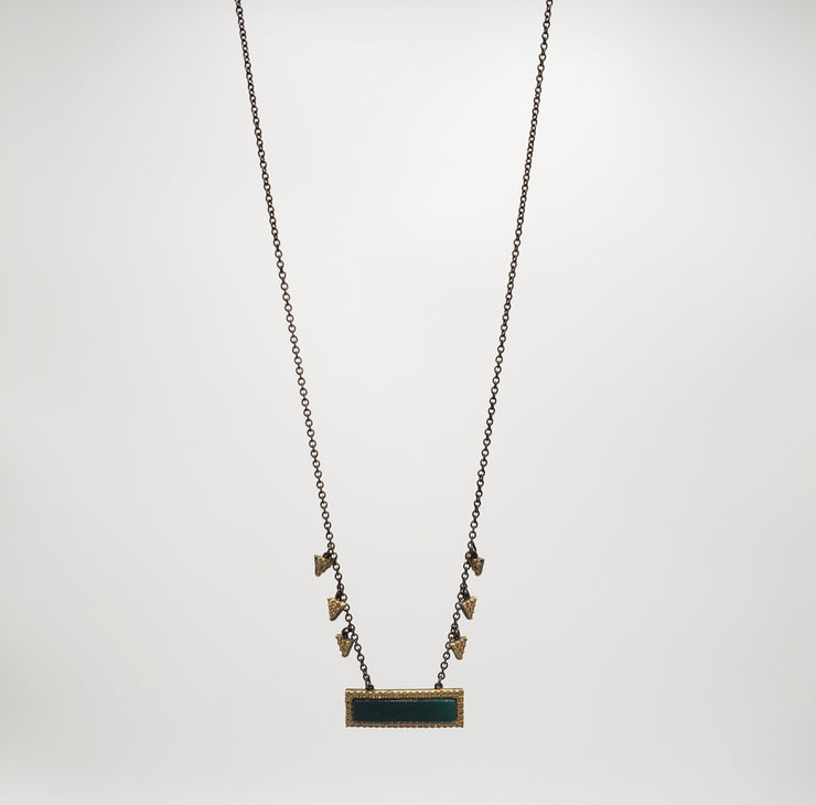 Black Rhodium Gold Cubic Zirconia Green Agate Bar Rectangle Triangle Stationed Necklace