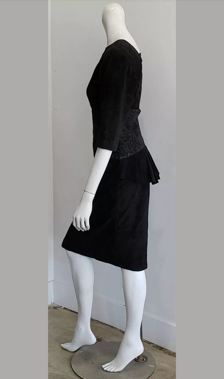 Vintage Black Snake Suede Leather Peplum Open Back Sheath Dress