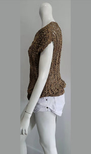 Vintage Hippie Tan Leather Crochet Cable Knit Blouse Top