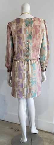 Vintage 80's Beige Multi Abstract Chiffon Silk Puff Sleeve Glam Mini Dress