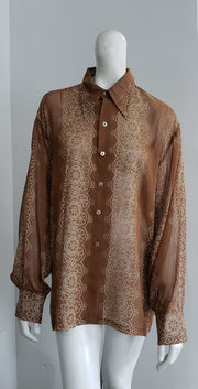 Vintage 60s Brown Dot Print Semi Sheer Brown Cotton Voile Men's or Boyfriend Dress Shirt 17 33