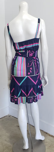 Vintage Navy Blue Multi Abstract Print Tie Waist Drop Waist Summer Mini Dress