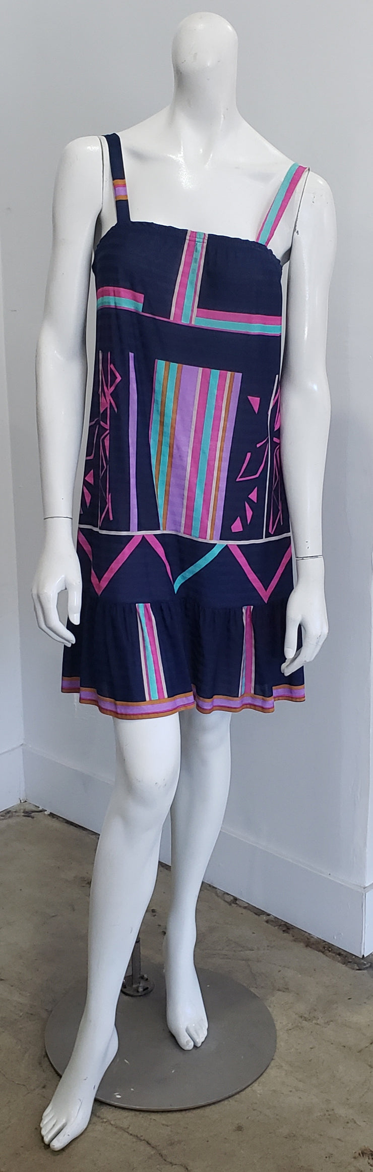 Vintage Navy Blue Multi Abstract Print Tie Waist Drop Waist Summer Mini Dress