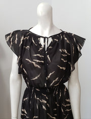 Vintage Black Abstract Print Smocked Waist Flutter Sleeve Dress