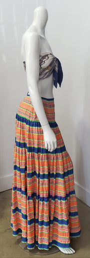 Vintage Ethnic Boho Hippie Gypsy Seersucker Tiered Low Waist Maxi Skirt